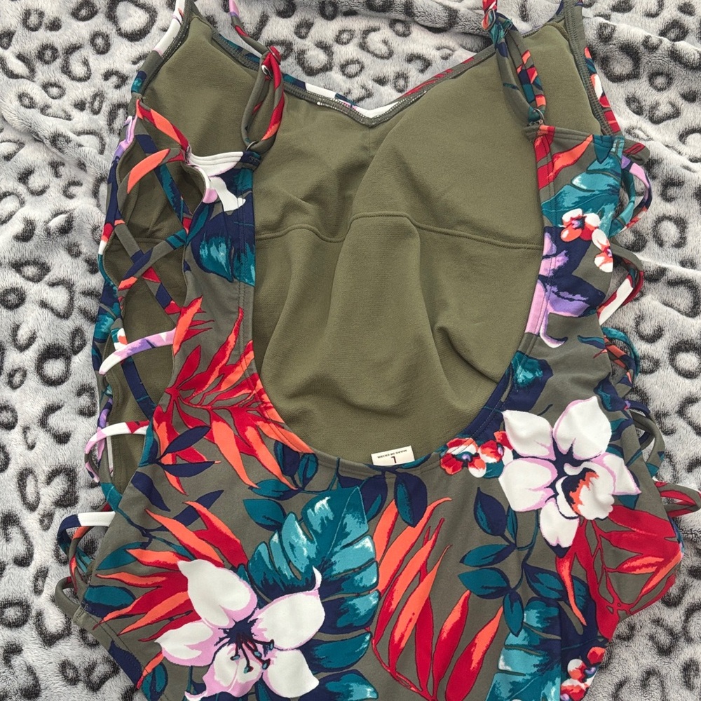 Hollister Olive Floral One-Piece Swimsuit with Red & Teal Accents - Picture 3 of 4